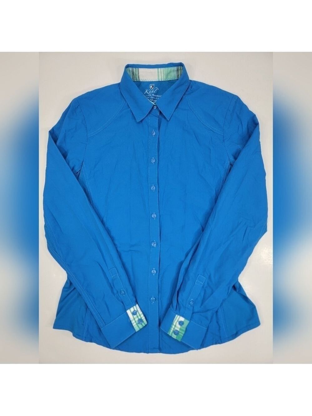 KUHL Shirt Women Small Sojourn Mountain Cabin Camping Gorpcore Blue Nylon Hiking